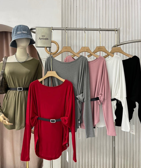 Ladies Round Neck Belted Long Sleeves Tops